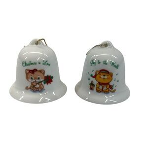 Vintage Russ Berrie Christmas Bell Set White‎ Kitten Porcelain Tree Ornaments